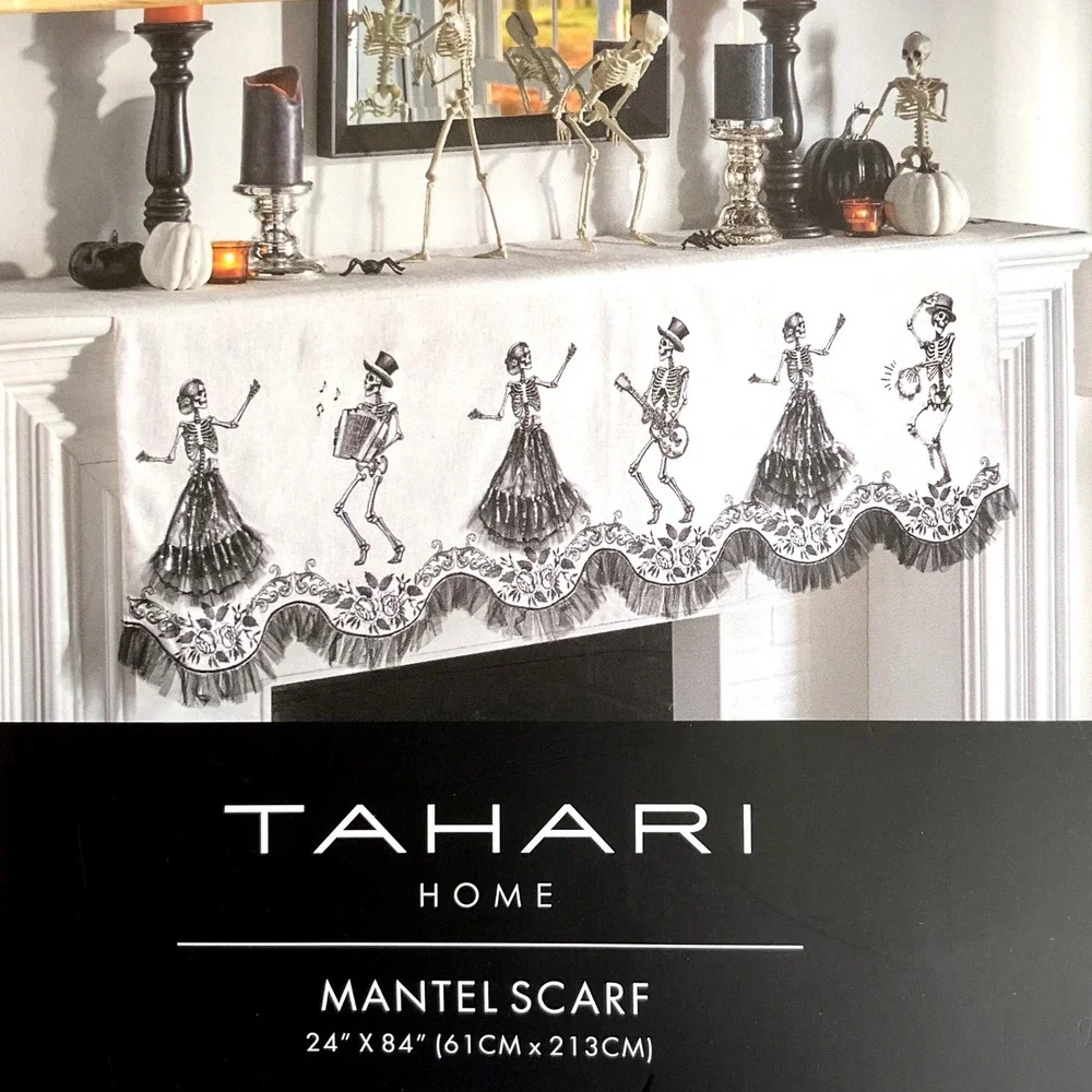 Tahari Home Halloween Mantel Scarf 24x84 Day of the Dead Black White Lace Trim